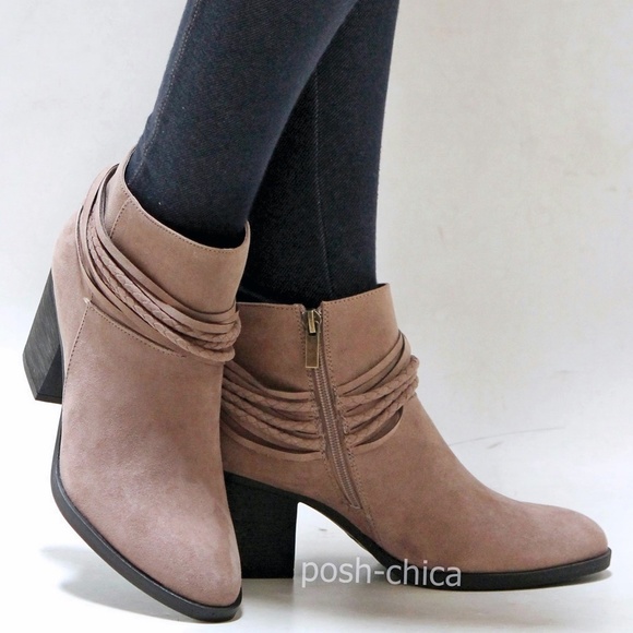New Taupe Western Wrap Strap Ankle Boots Booties - Picture 3 of 3